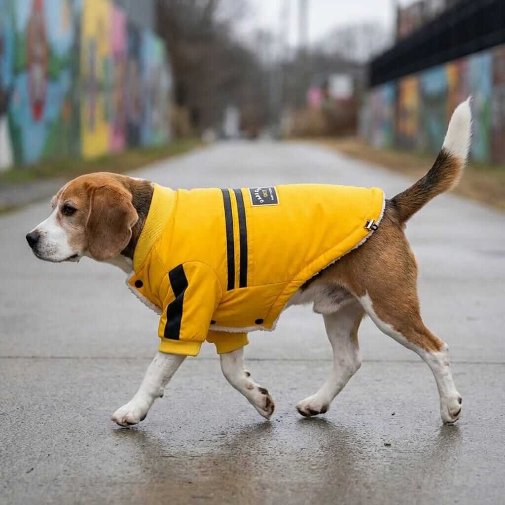 A beagle wearing the Striped Two-legged Dog Coat, showcasing its stylish and cozy design for dogs this winter.