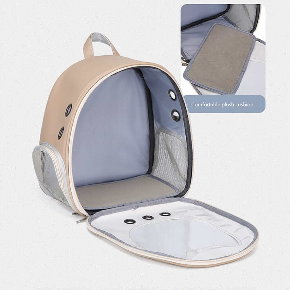 Stylish Cat Travel Backpack interior view with comfortable plush cushion, featuring breathable design for cats.