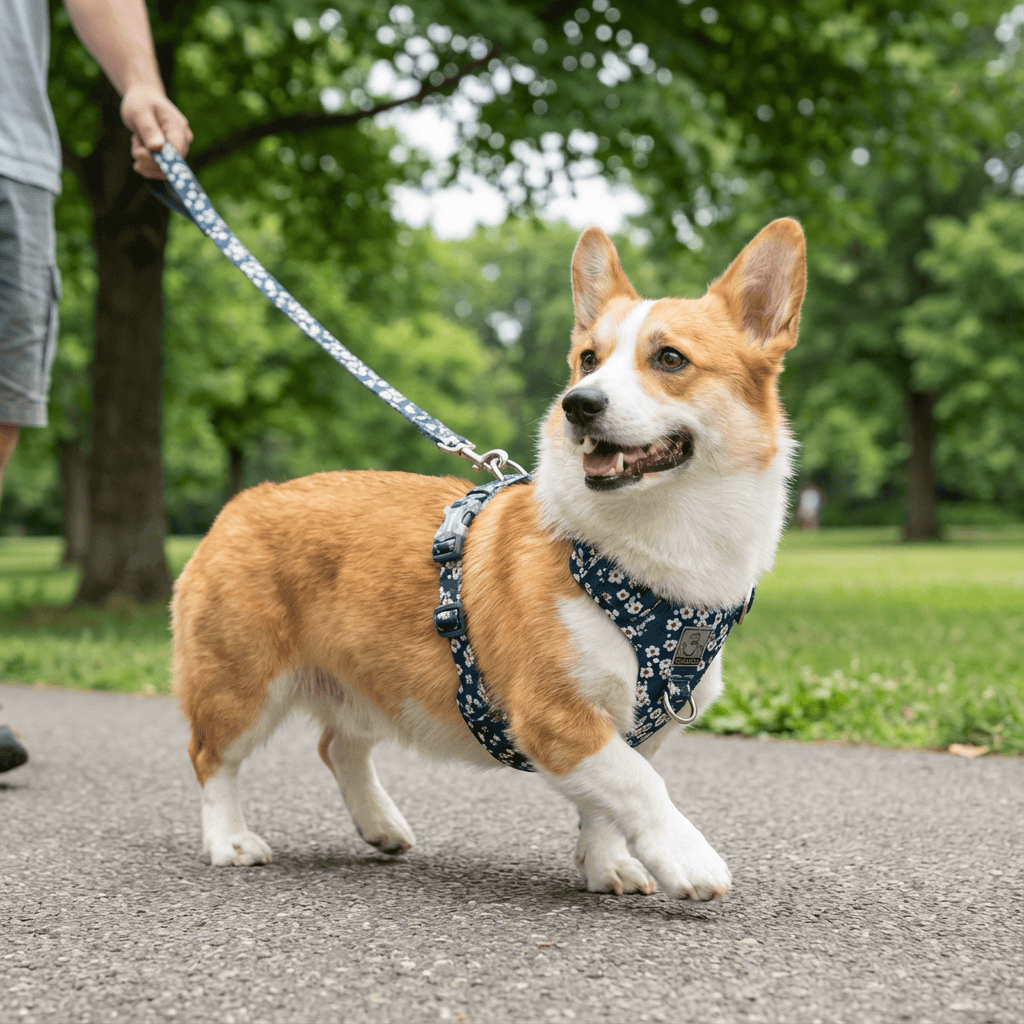 A happy corgi wearing a Stylish No-Pull Pet Harness, walking on a path in a park.