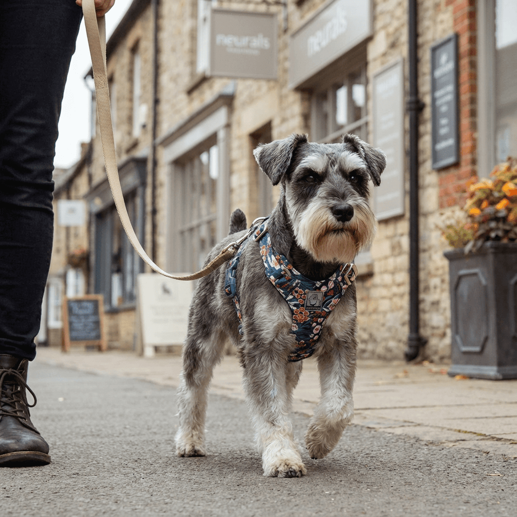 Stylish No-Pull Pet Harness on a dog walking down the street, showcasing comfort and style in dogs and cats.