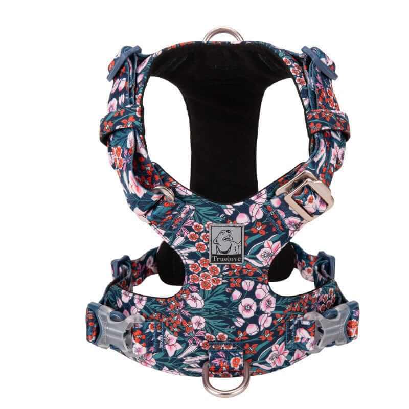 Stylish No-Pull Pet Harness in floral design for Dogs & Cats, features secure fit and durable materials.