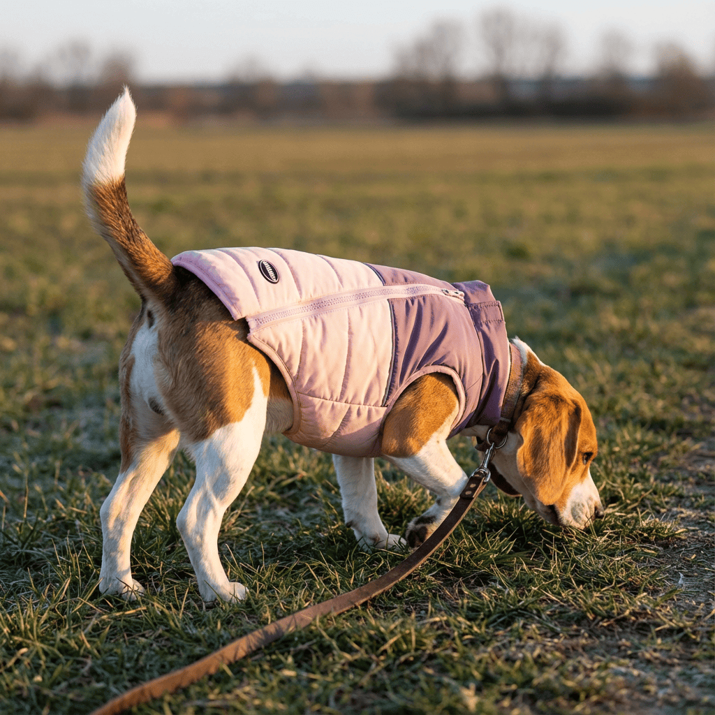 Beagle wearing Stylish Zipper Dog Vest in a field, showcasing warmth and comfort for dogs and cats.
