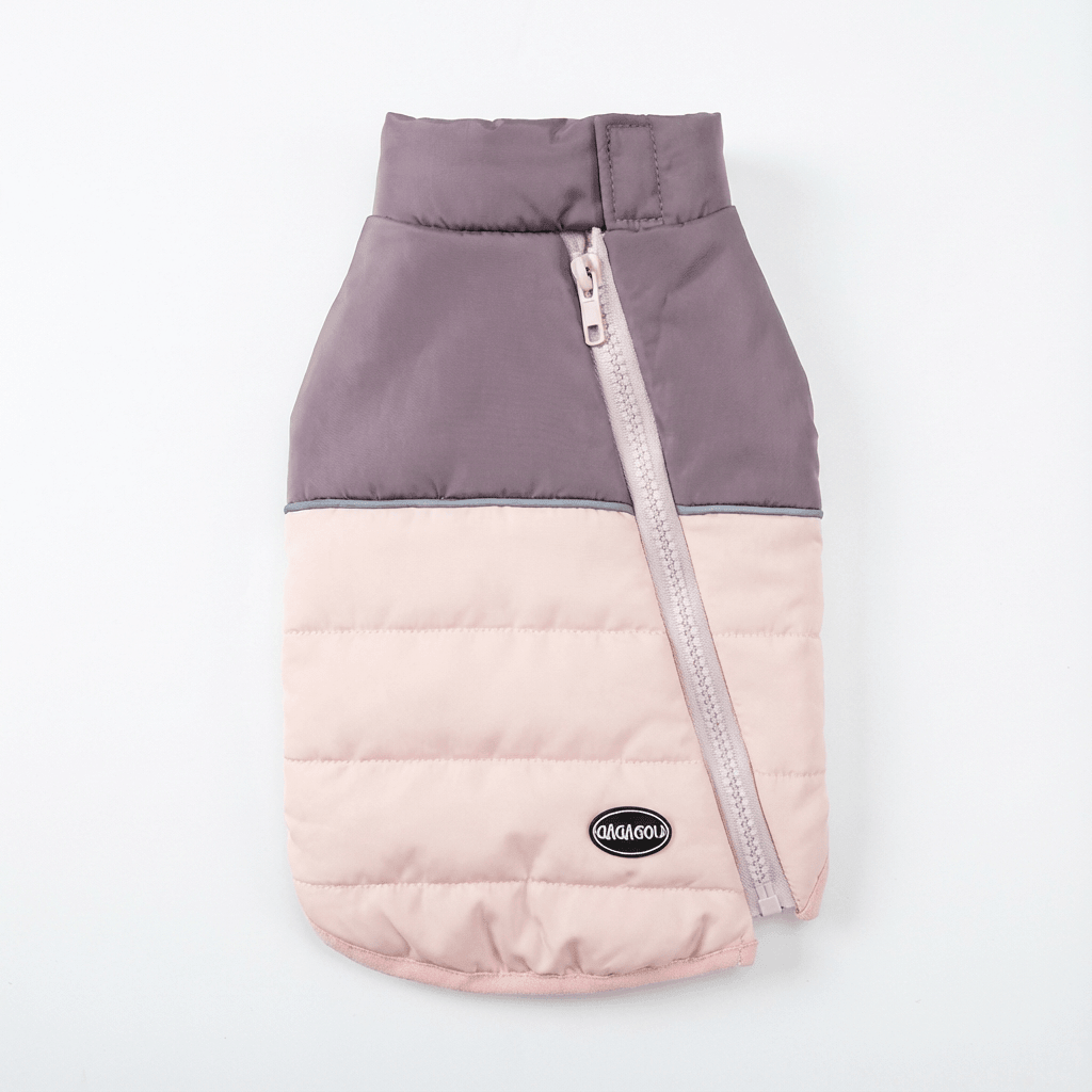 Stylish Zipper Dog Vest in pink and gray, cozy winter coat for dogs and cats, features easy zipper and unique stitching.