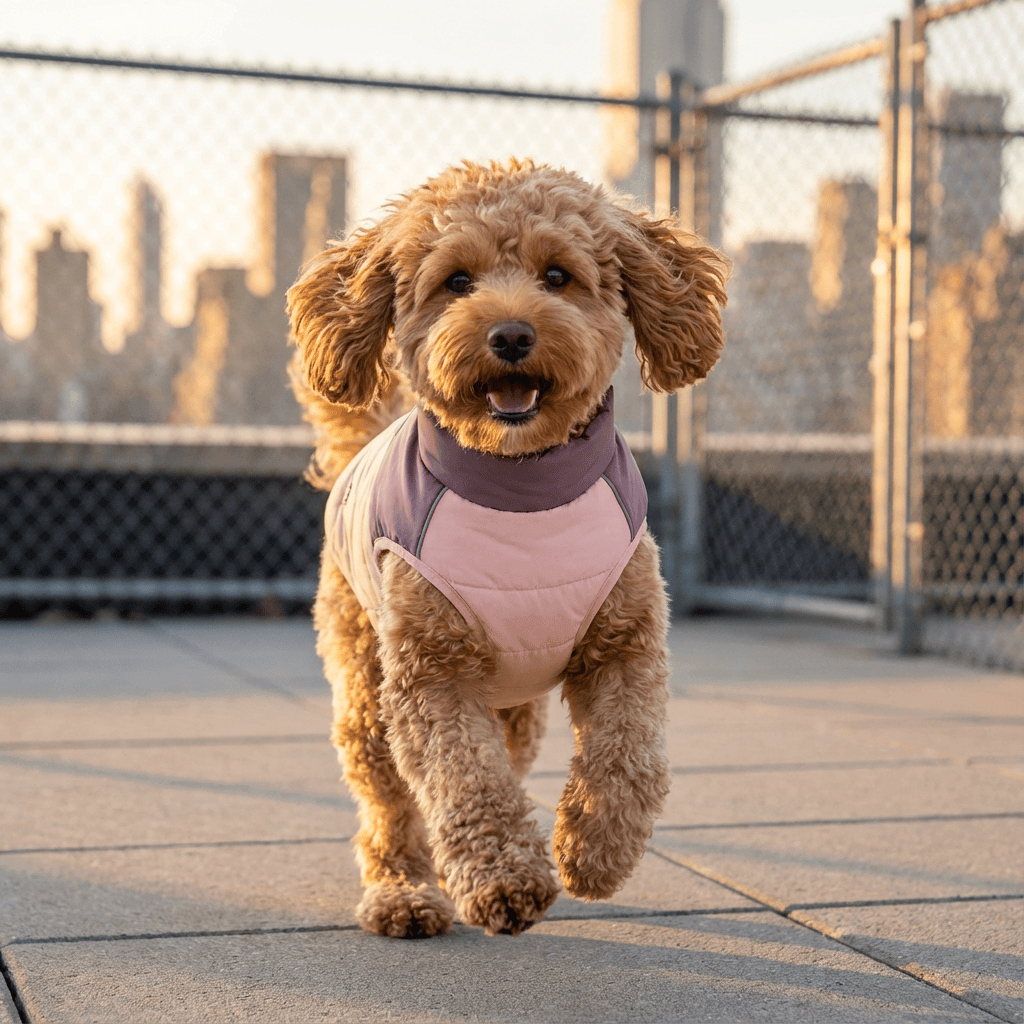 Stylish Zipper Dog Vest on a happy dog running outdoors, featuring cozy warmth and fashionable design for dogs.