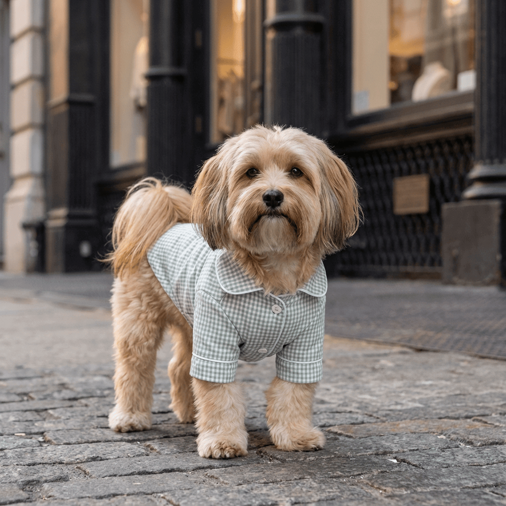 Cute dog wearing Summer Plaid Dog Pajamas outside, showcasing the breathable fabric and stylish design.