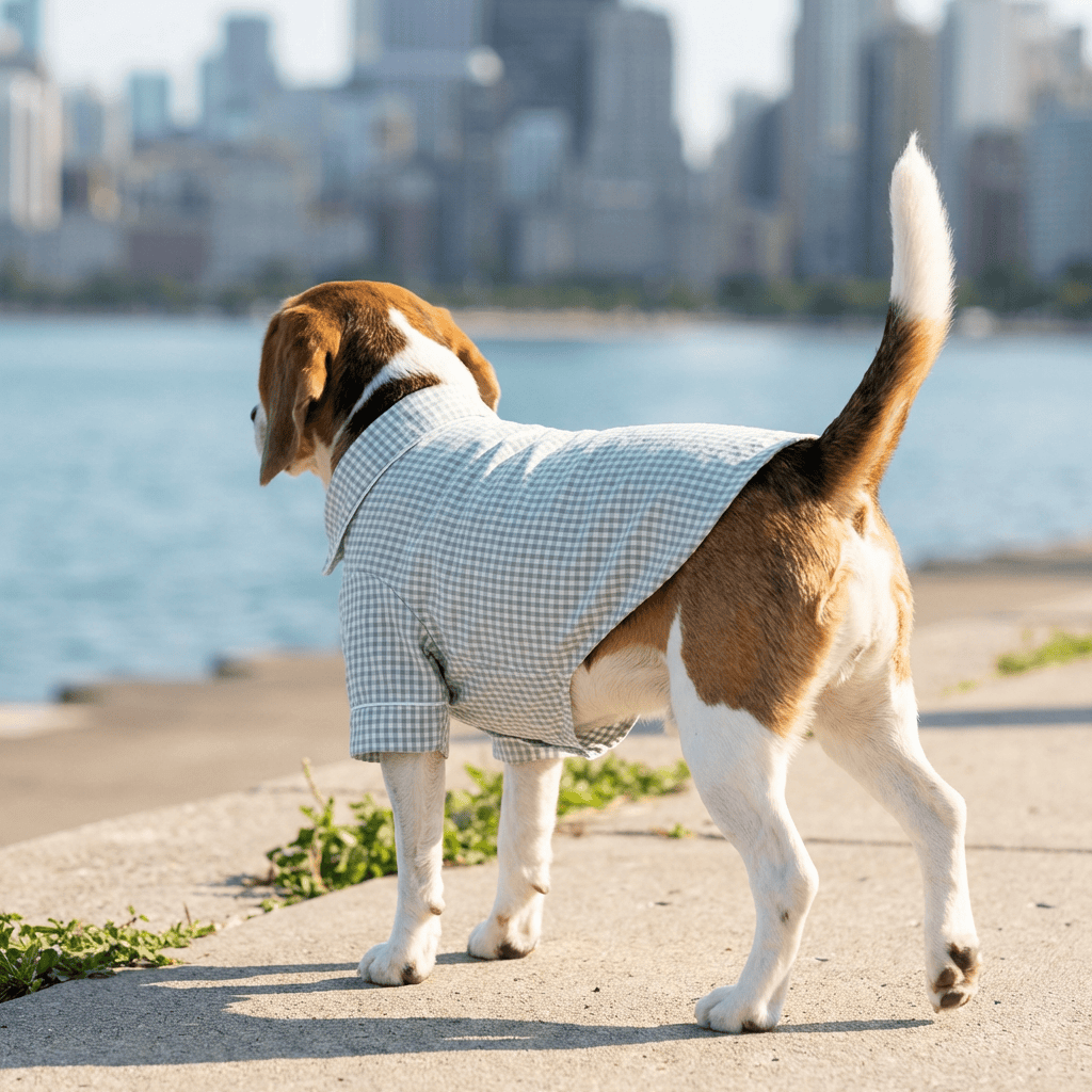 Beagle wearing Summer Plaid Dog Pajamas by Dogs & Cats brand near the water with city skyline in background.