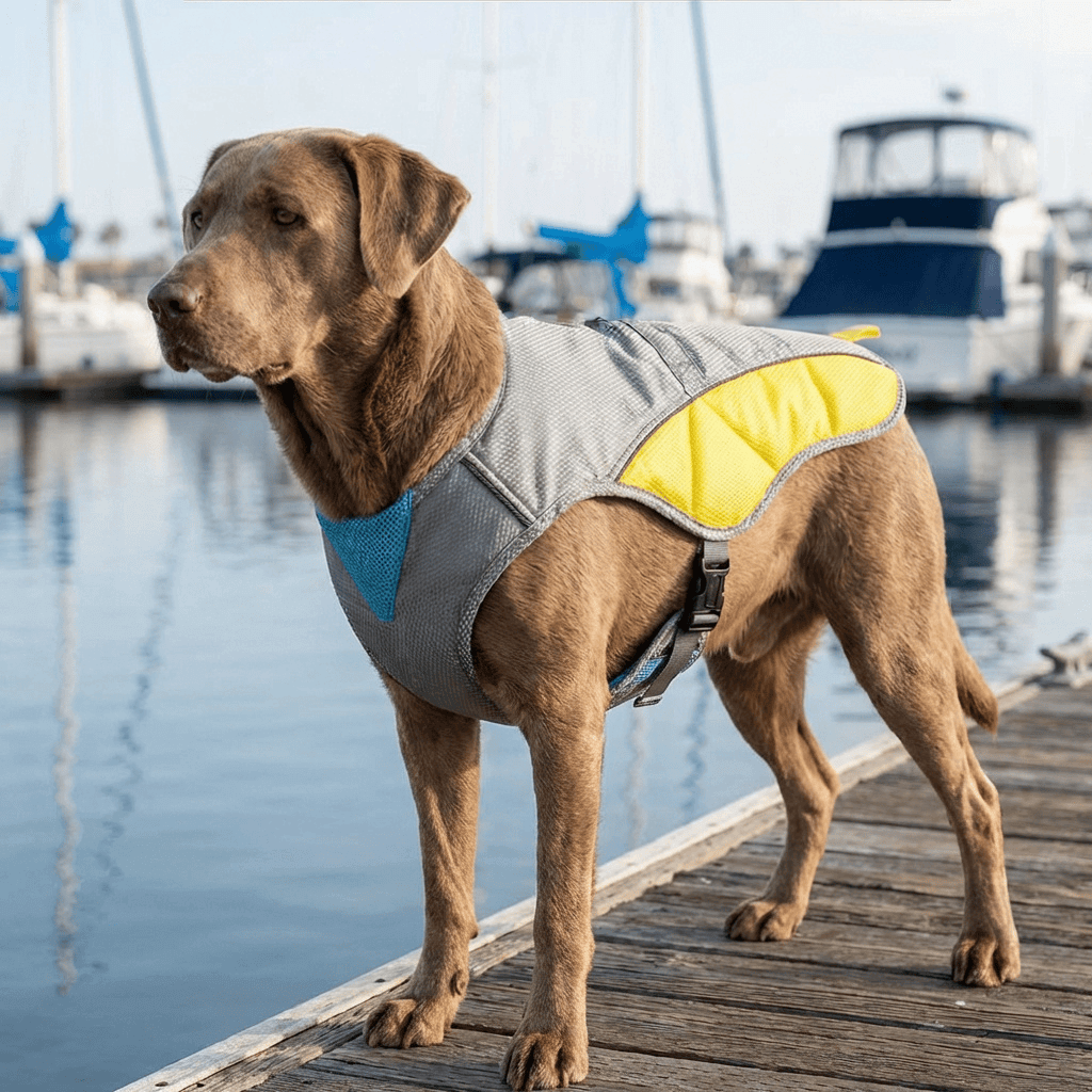 Summer Waterproof Dog Life Vest on a brown Labrador by the water, featuring buoyant material for safety.