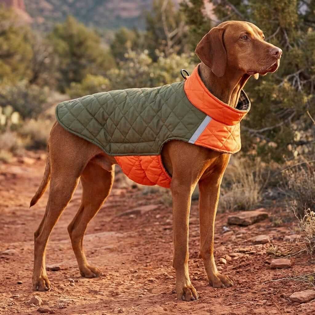 Summit Reversible Dog Jacket on a dog showcasing dual-sided warmth and visibility for cold-weather adventures.