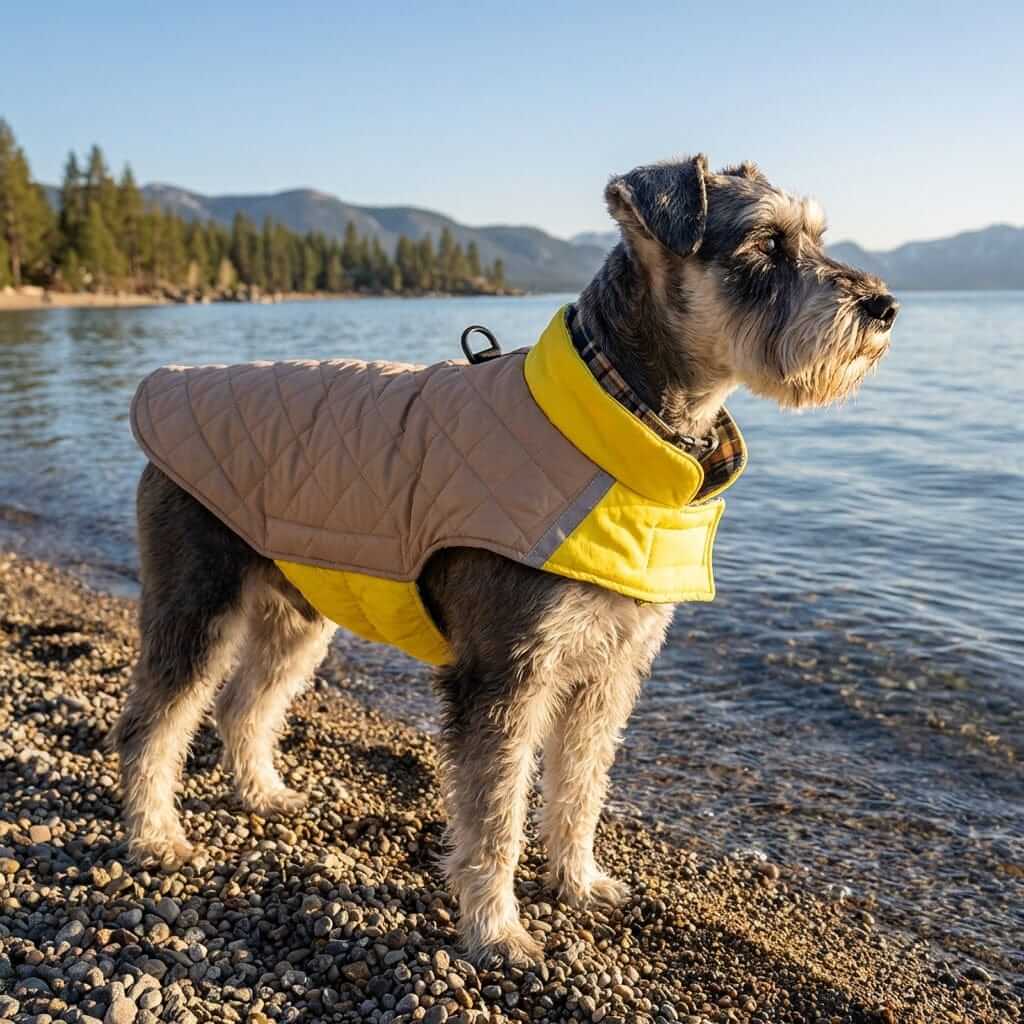 Dog wearing Summit Reversible Dog Jacket by Dogs & Cats brand by a lake, showcasing its warmth and visibility features.