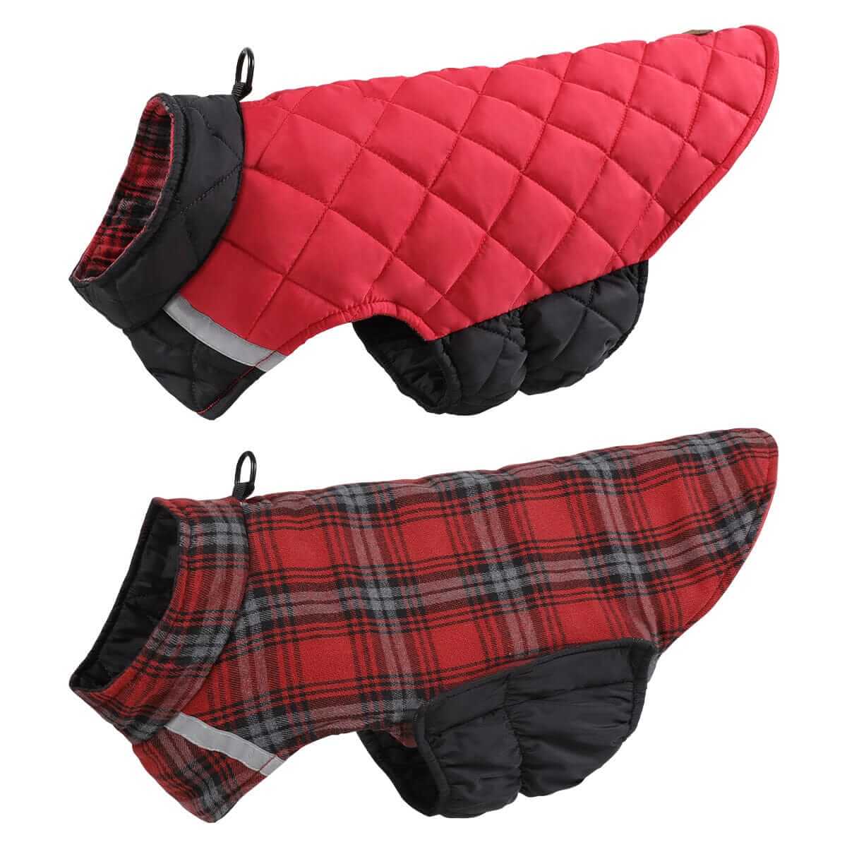 Summit Reversible Dog Jacket featuring red quilted design and plaid pattern for warmth and visibility for dogs.