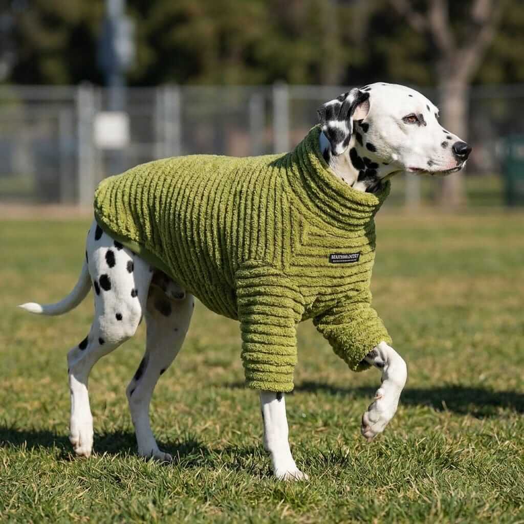 Dalmatian wearing a green Summit Stripe Dog Turtleneck in a park, showcasing warmth and comfort for dogs.