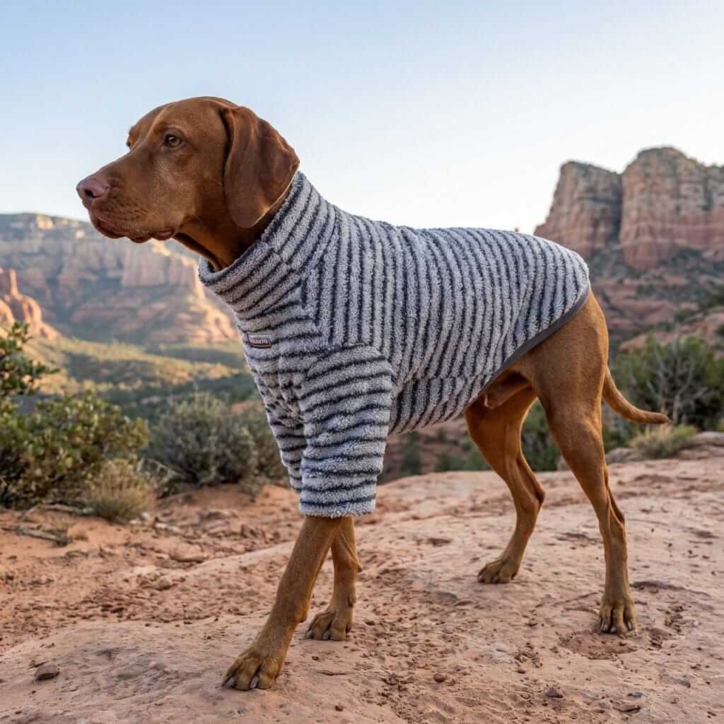 Summit Stripe Dog Turtleneck on a dog in a scenic outdoor setting, showcasing premium fleece warmth and stylish design.