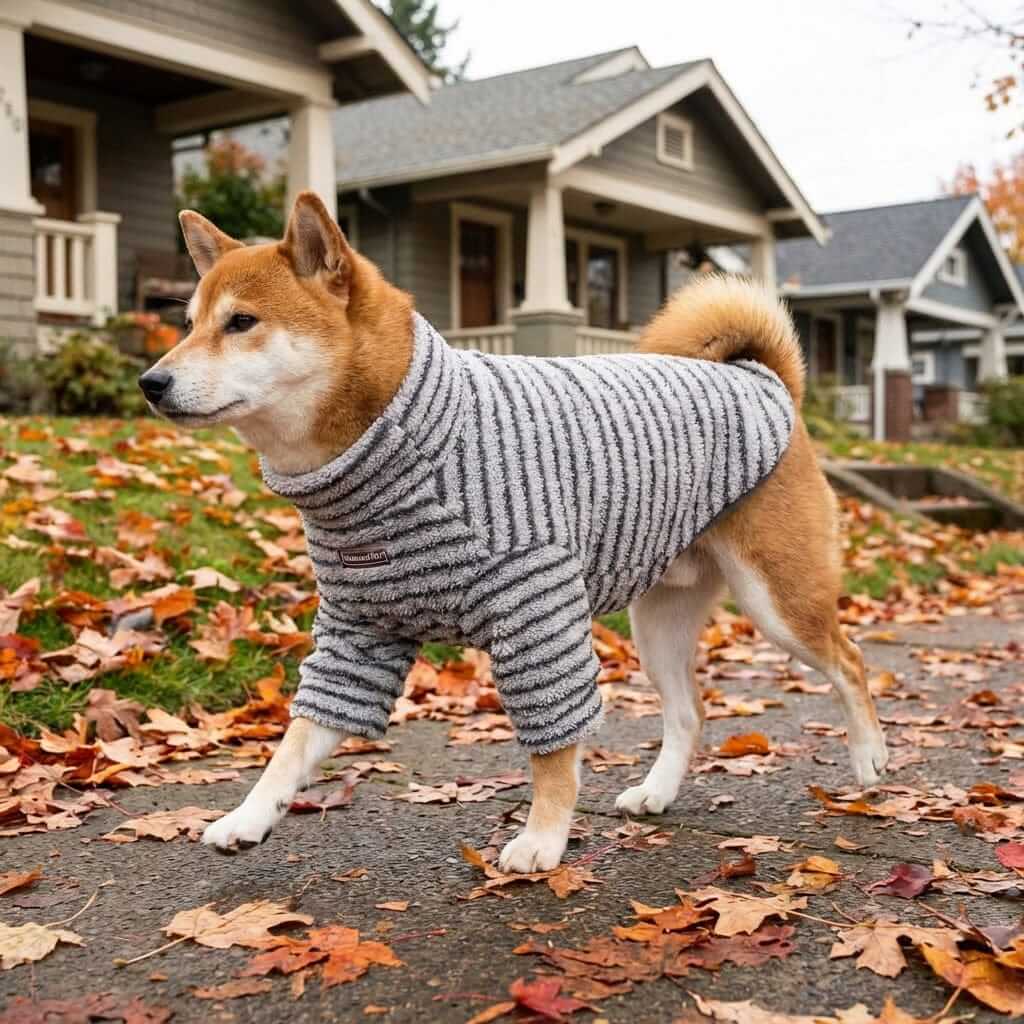 Summit Stripe Dog Turtleneck on Shiba Inu walking through autumn leaves, showcasing warmth and style.