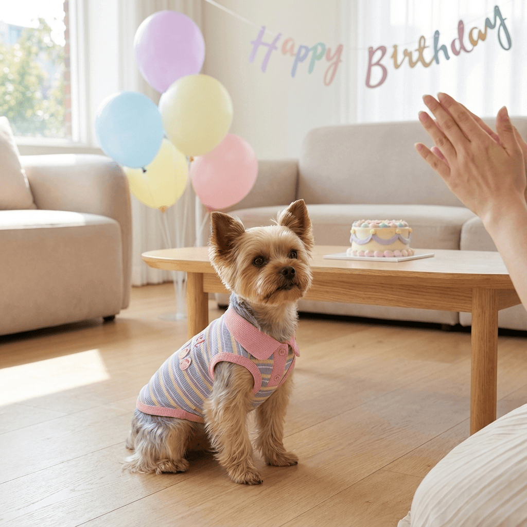 SunStripe Dog Polo on a small dog celebrating a birthday with colorful balloons and cake.