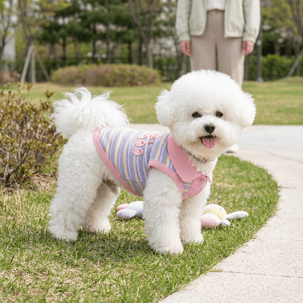 SunStripe Dog Polo on a fluffy Bichon dog, lightweight and stylish for summer, perfect for dogs and cats.