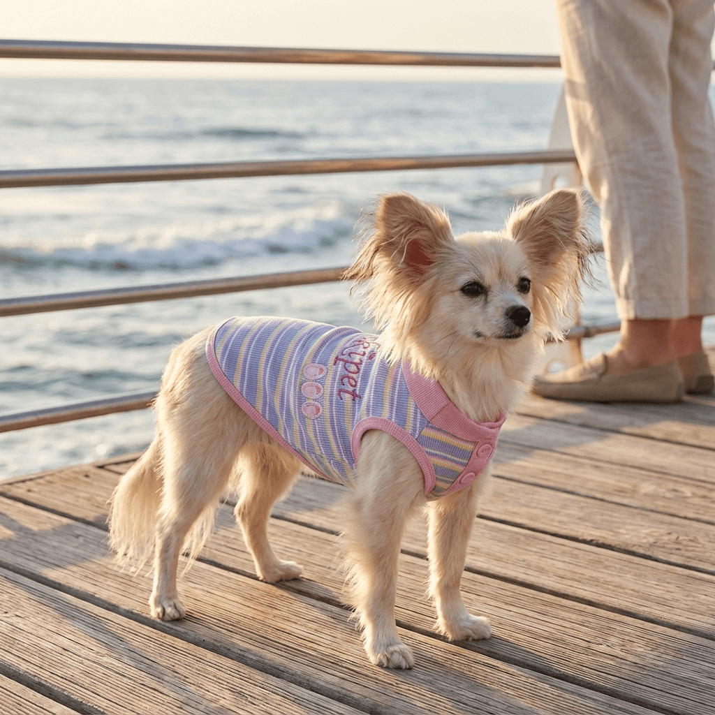 SunStripe Dog Polo on a small dog at the beach, featuring striped design, stylish comfort for pets by Dogs & Cats.