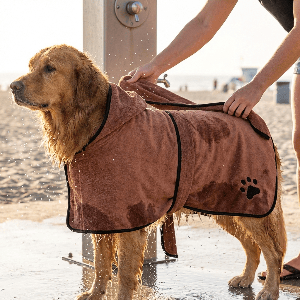 Golden Retriever wearing a Super Absorbent Pet Bathrobe Towel, staying dry and warm after a bath at the beach.