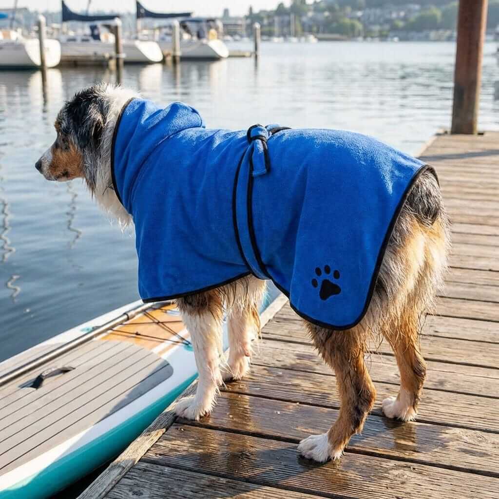 Dog wearing Super Absorbent Pet Bathrobe Towel by Dogs & Cats by the water, looking cozy and dry after a swim.