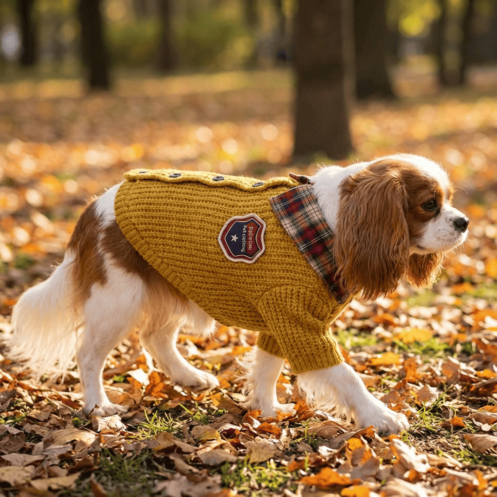 Super Soft Fashionable Dog Sweater on a Cavalier King Charles Spaniel in autumn leaves, keeping your dog stylish and warm.