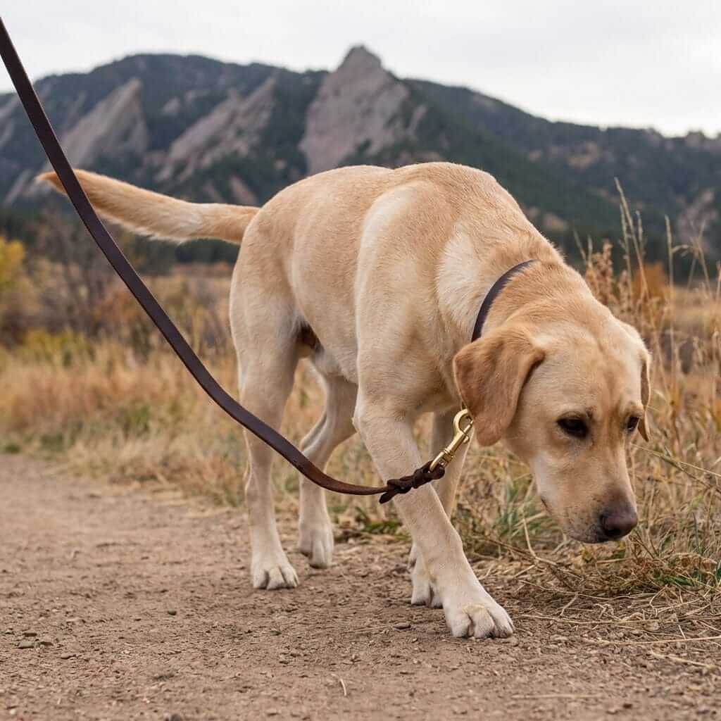 Super Soft Leather Dog Leash for Large Dogs in use by a yellow lab dog outdoors.