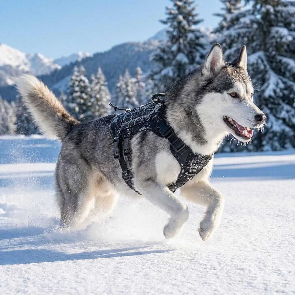 TactiPaw Dog Harness on an active dog in snow, featuring durability and comfort for outdoor training.