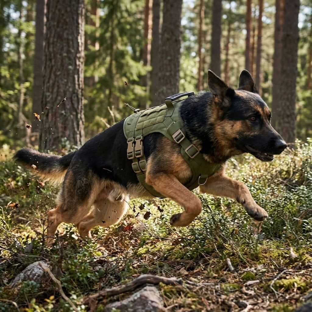 TactiPaw Dog Harness on an active German Shepherd running through the forest, showcasing durability and comfort.