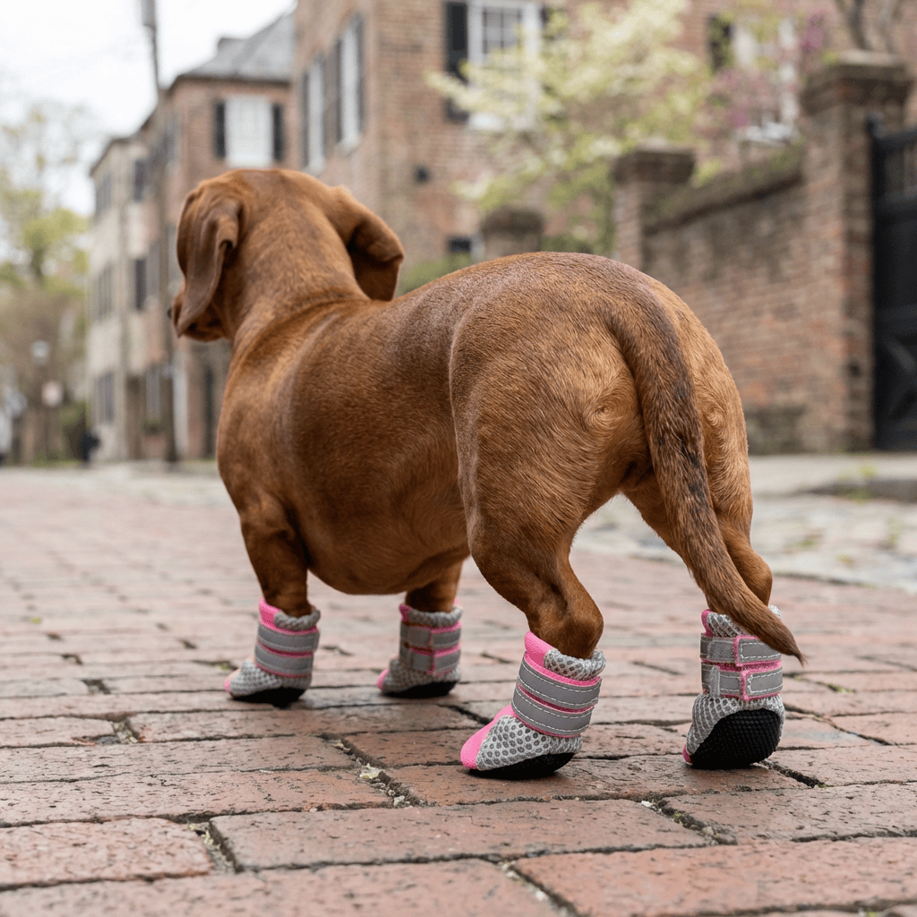 Teddy Dog Shoes on a dog walking outdoors, featuring flexible design, adjustable straps, and paw protection.