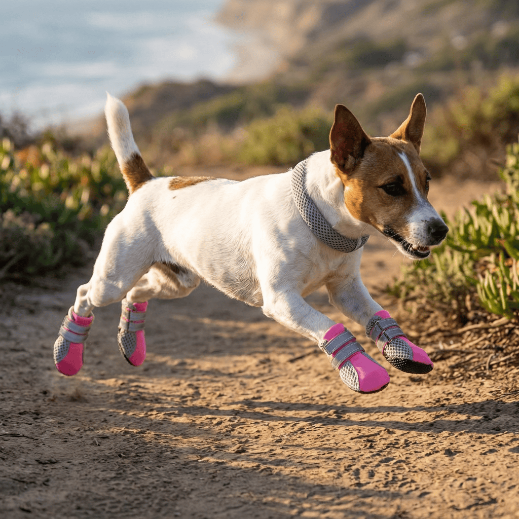 A happy dog wearing Teddy Dog Shoes while running outdoors, showcasing flexibility and comfort for daily walks.