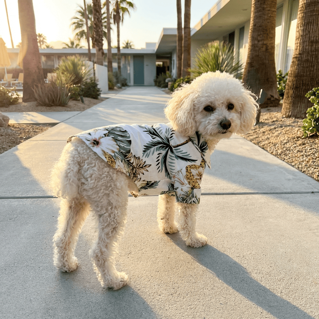 Teddy Hawaiian Small Dog Shirt on a small poodle dog, perfect for summer outings with easy fasteners by Dogs & Cats.