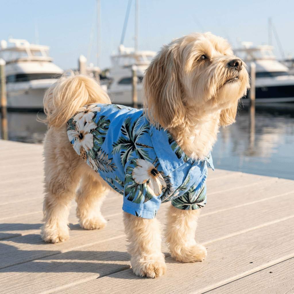 Teddy Hawaiian Small Dog Shirt on a dog by the marina, perfect for summer outings with easy button fasteners by Dogs & Cats.