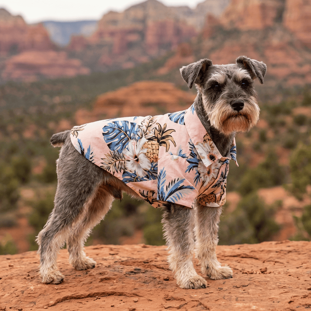 Teddy Hawaiian Small Dog Shirt on a dog posing in nature, perfect for summer outings and easy to wear by Dogs & Cats.