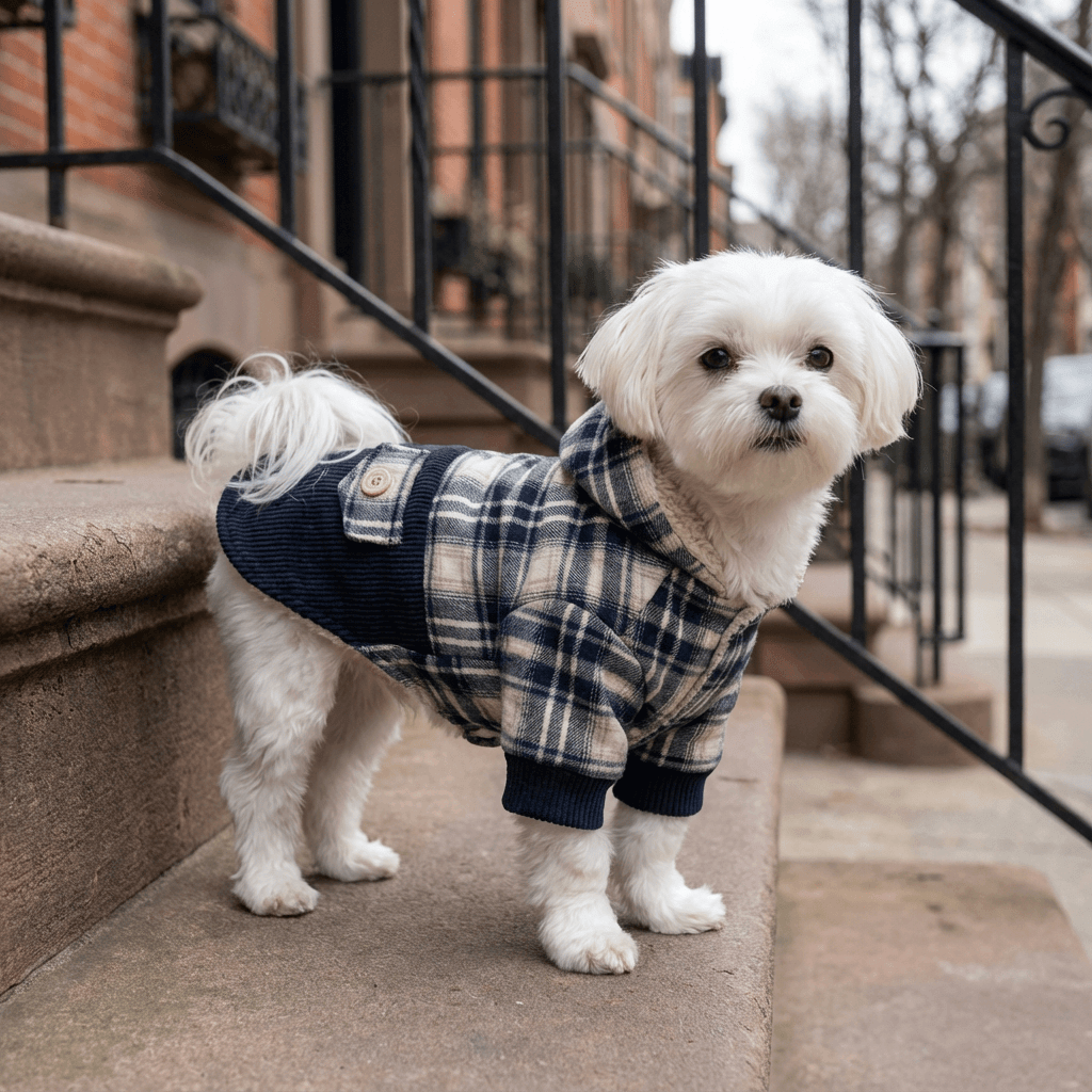 Teddy Plaid Dog Cashmere Coat on a small white dog, perfect for indoor and outdoor use, by Dogs & Cats.