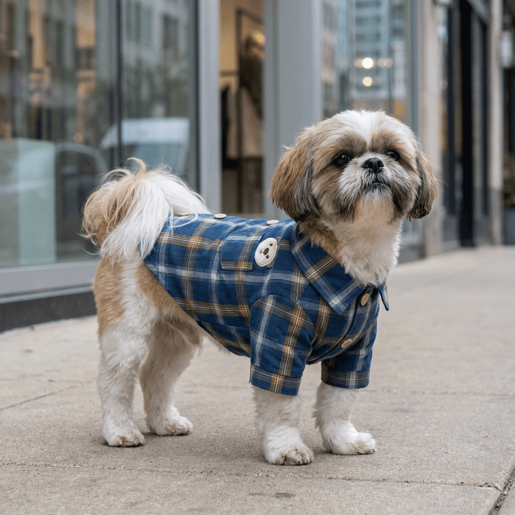 Teddy Plaid Dog Shirt on a Shih Tzu, featuring button faux back placket and breathable fabric by Dogs & Cats.