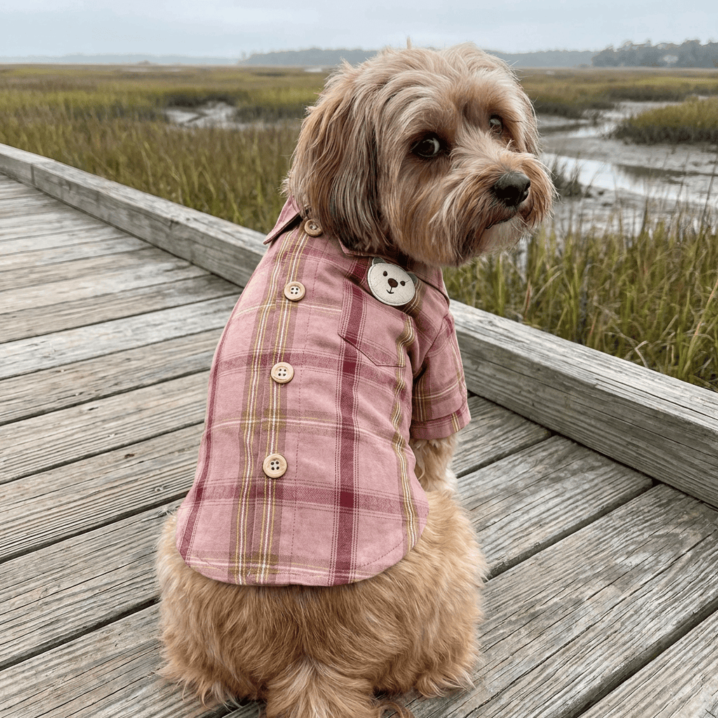 Teddy Plaid Dog Shirt on a furry dog, featuring a lightweight design, button details, perfect for Dogs & Cats.