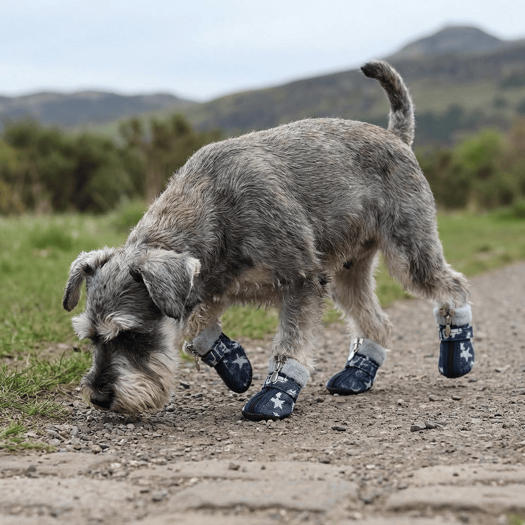 Teddy VIP Denim Dog Shoes on a dog walking outdoors, featuring water-resistant nylon, durable design, and skid-resistant sole.