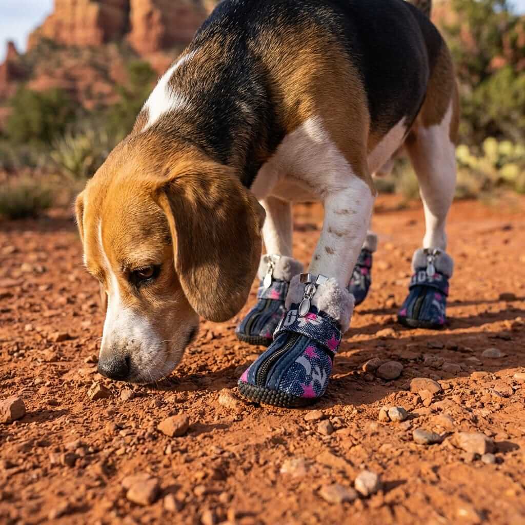 Beagle wearing Teddy VIP Denim Dog Shoes on rocky terrain, showcasing durable design and skid-resistant sole by Dogs & Cats.