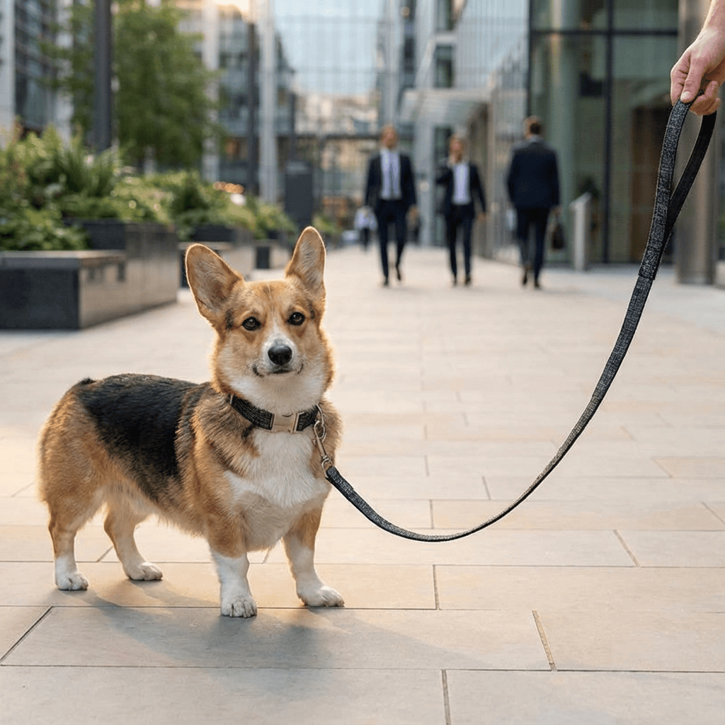 The Black Suit Dog Collar & Leash on a stylish Corgi dog in a modern urban setting.