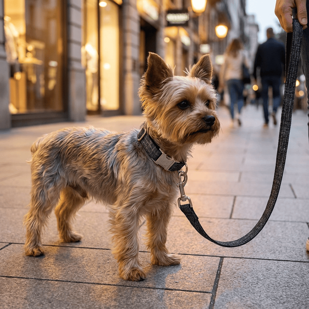 The Black Suit Dog Collar & Leash on a happy small dog walking in a stylish urban setting.