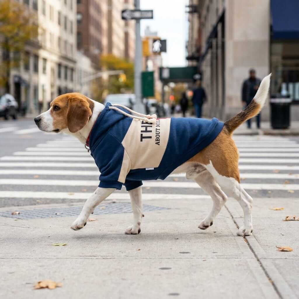 Beagle wearing The One Teddy Dog Sweater, showcasing its buttery soft fabric and stylish streetwear design.