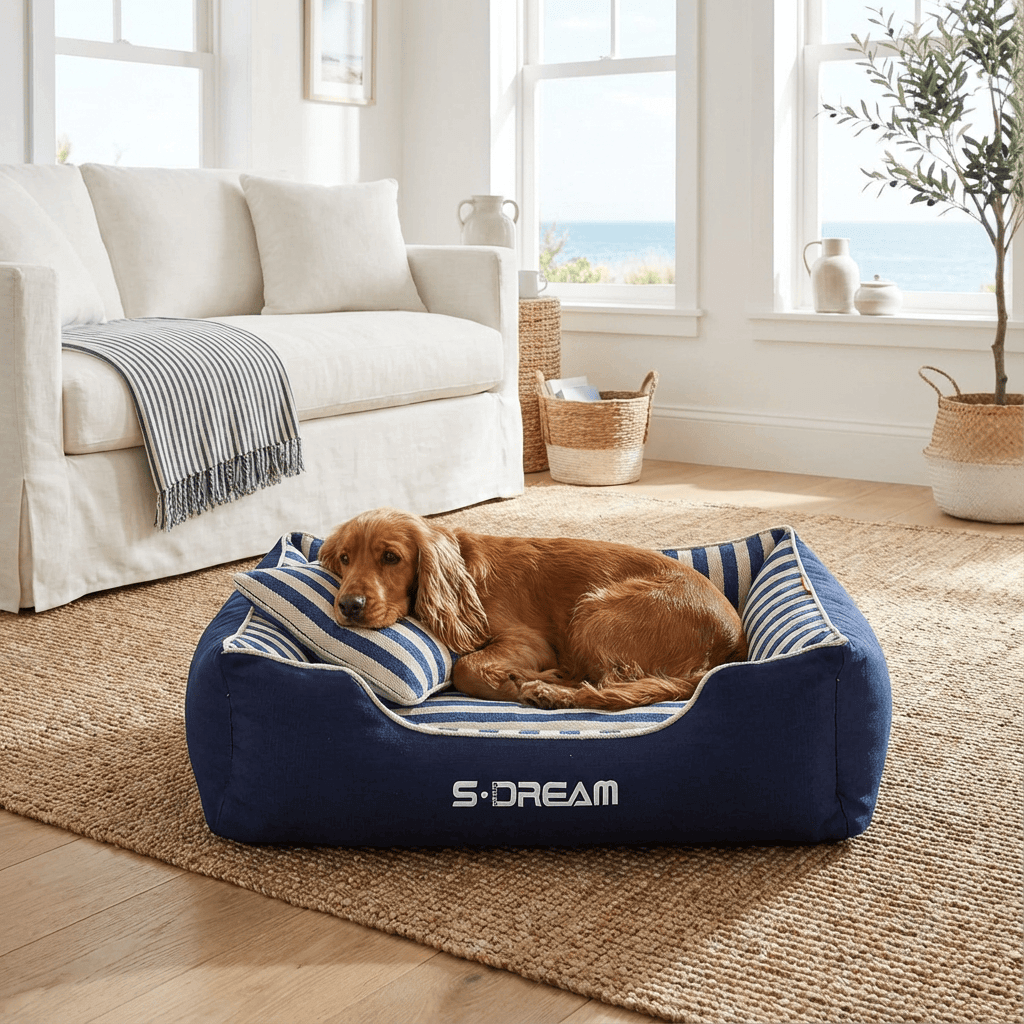 The Royal Haven Pet Bed for dogs and cats in a cozy living room, featuring plush comfort and stylish design.