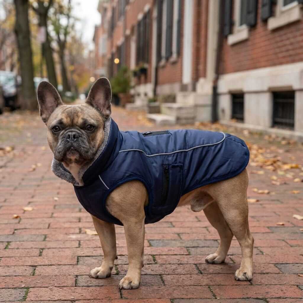 Thick Padded Reflective Dog Coat on a French Bulldog, showcasing stylish warmth and visibility features for dogs.