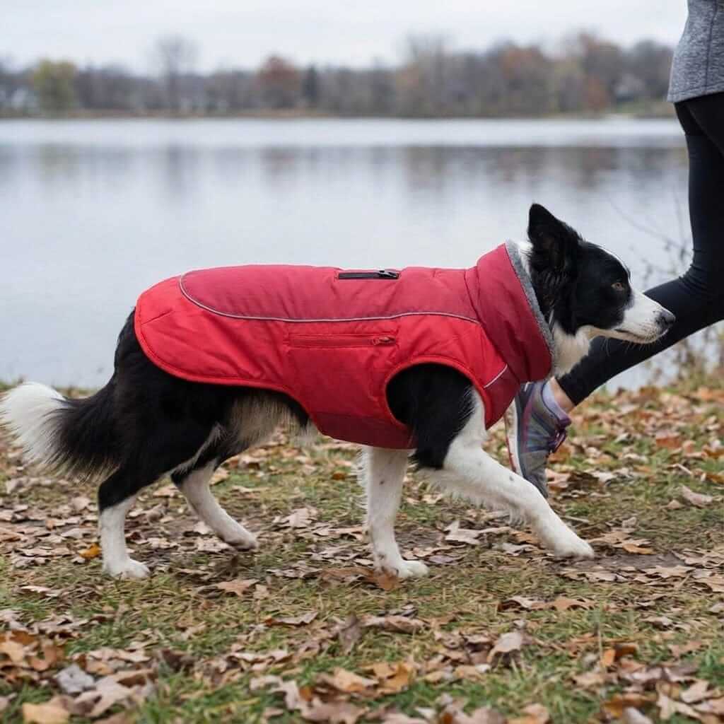 Thick Padded Reflective Dog Coat on a dog walking by a lake, featuring water-repellent shell and reflective panels.