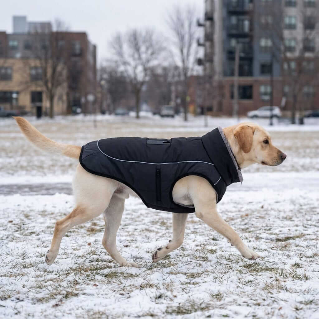 Thick Padded Reflective Dog Coat on a Labrador walking in the snow, featuring water-repellent shell and reflective panels.