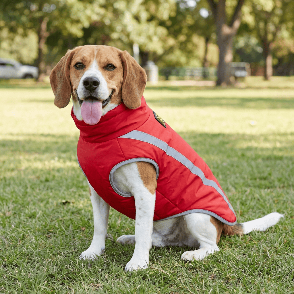 Thick Reversible Pet Jacket on a beagle in a park, featuring a waterproof shell and reflective strips, perfect for Dogs & Cats.