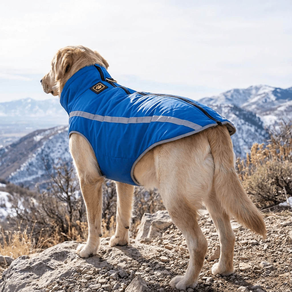 Thick Reversible Pet Jacket on a dog outdoors, featuring waterproof shell, warm filling, perfect for chilly weather.