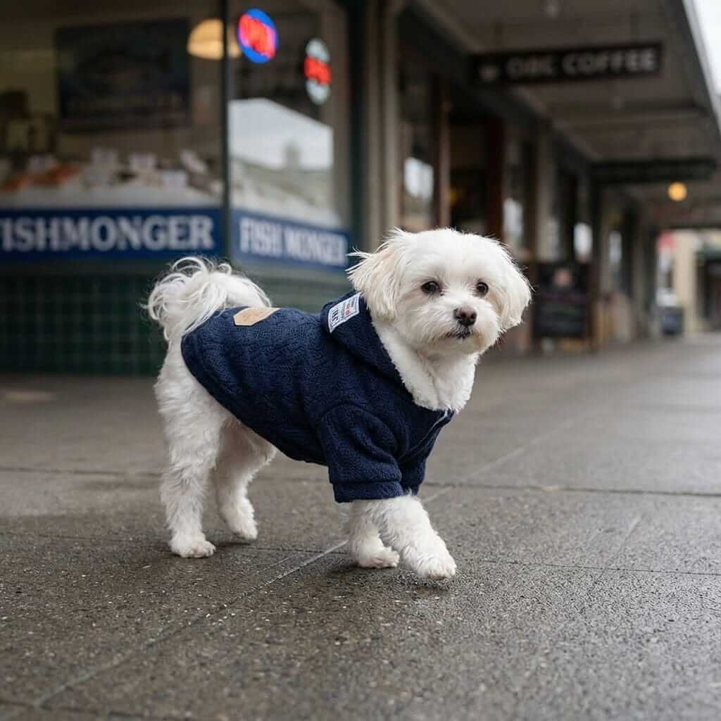 Thick Warm Hooded Dog Sweater on a small dog outdoors, featuring a breathable hood, perfect for Dogs & Cats.