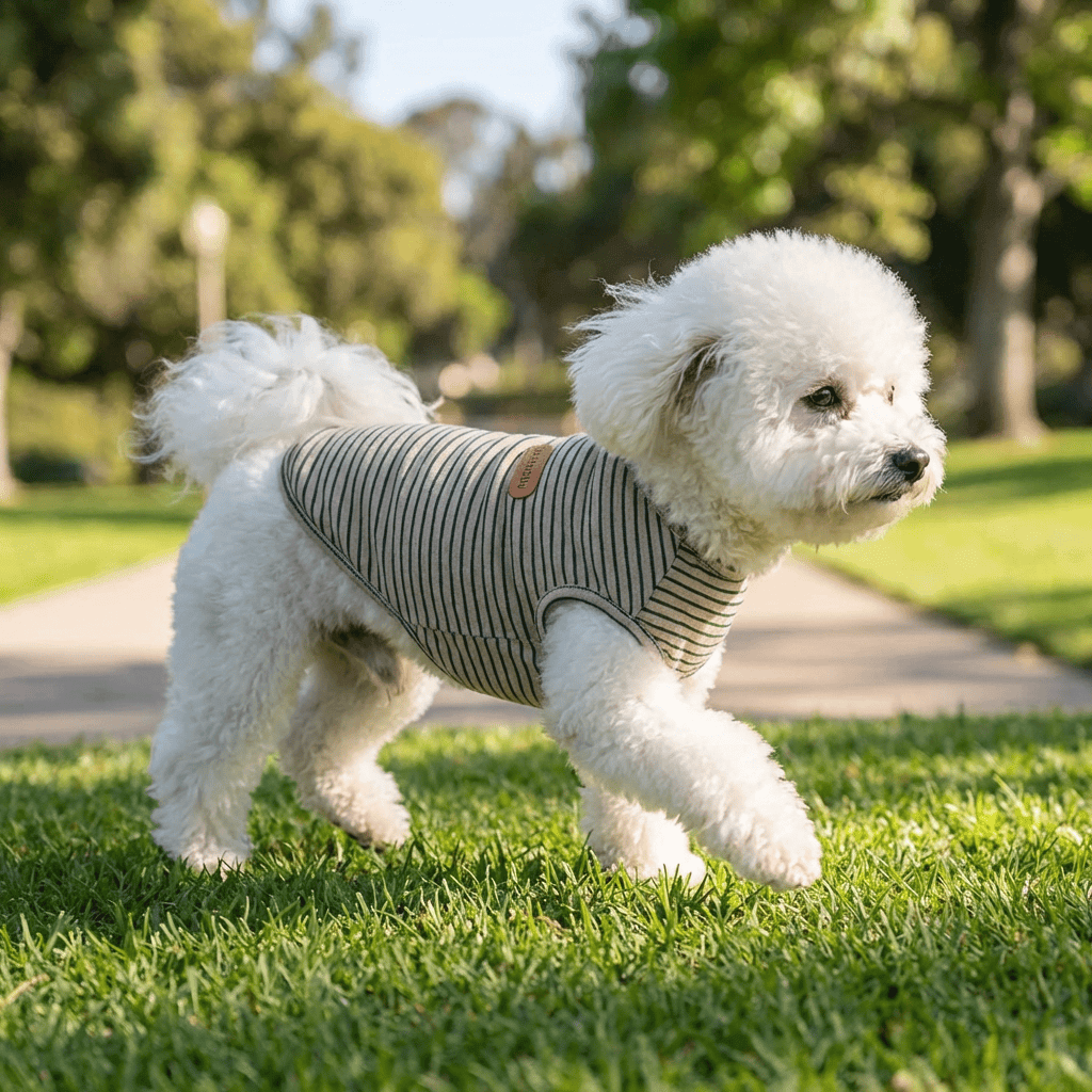 Thin Trend Striped Dog Top on a white dog, featuring breathable cotton, lightweight design, perfect for Dogs & Cats.