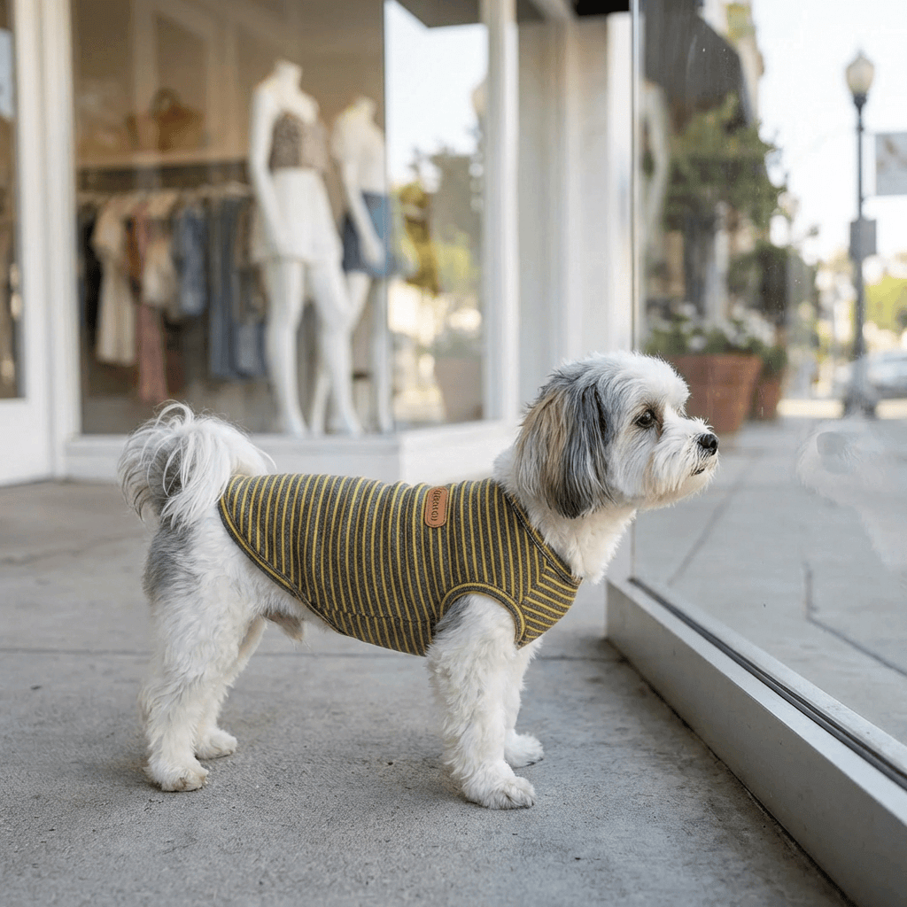 Thin Trend Striped Dog Top on a stylish dog, made from breathable cotton, perfect for dogs and cats.