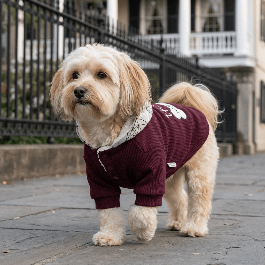 This Is My Food Dog Hoodie on a stylish dog, featuring a cotton exterior and fleece interior perfect for chilly walks.