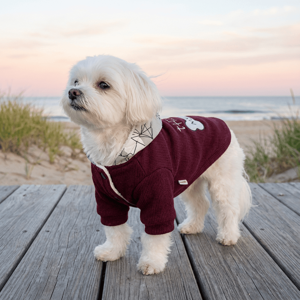 This Is My Food Dog Hoodie on a white dog at the beach, featuring stylish design and warm cotton for dogs.